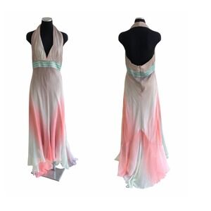 Vintage Y2K Formal Dress M/L Silk Woodland Forest Fairy Halter Maxi Asymmetrical